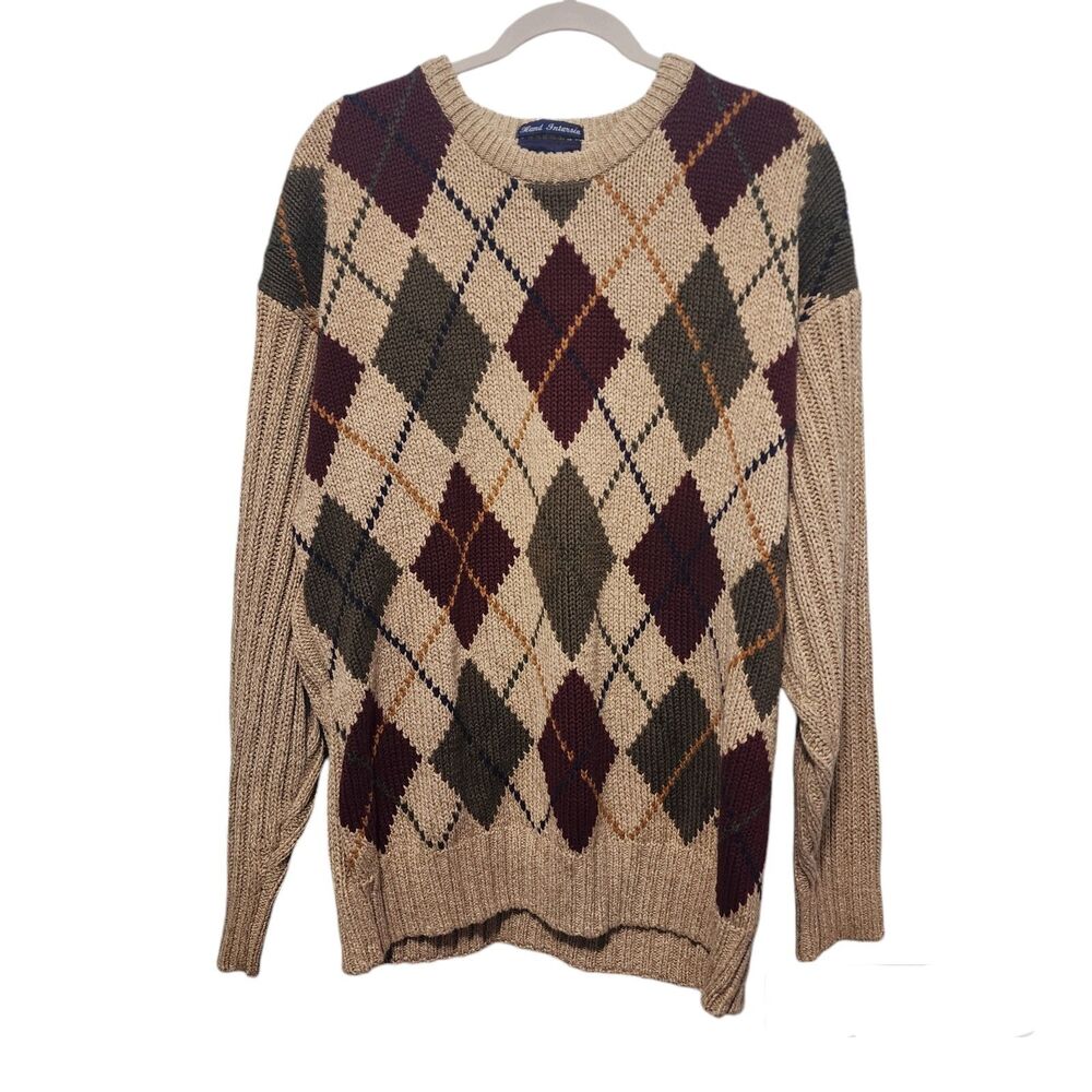 Vintage Gant Men’s Hand Knit Crew Neck Grampa Sweater Size Large Argyle